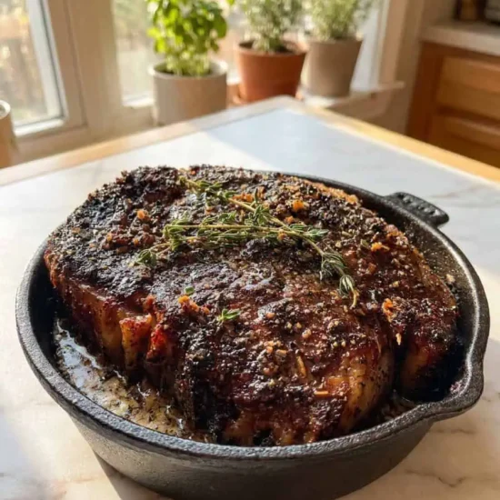 Shallot and Thyme-Crusted Ribeye with Roasted Garlic Compound Butter