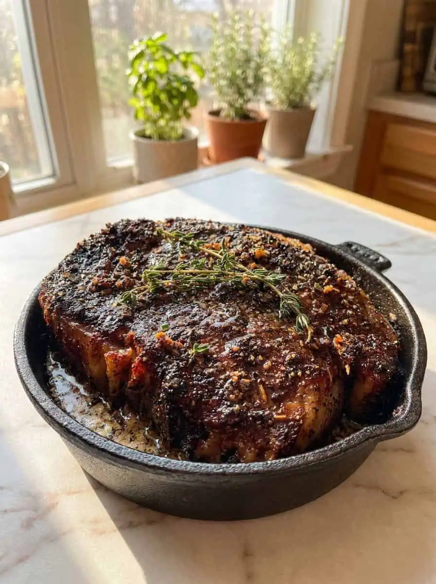 Shallot and Thyme-Crusted Ribeye with Roasted Garlic Compound Butter