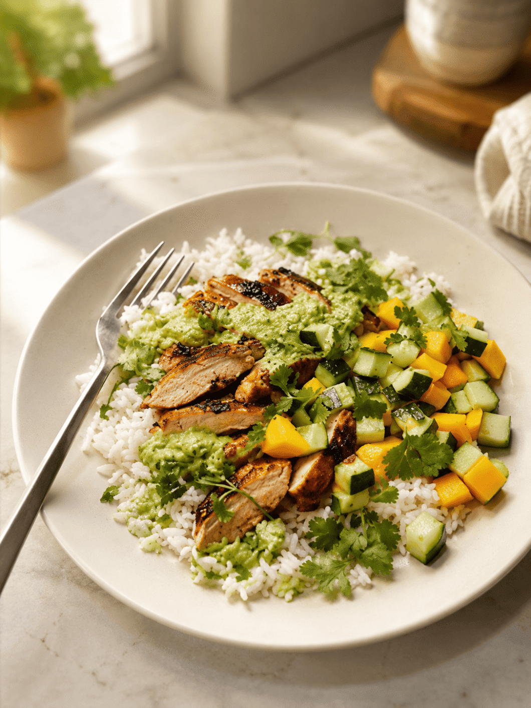 Citrus Chicken Rice Bowl with Ginger Jalapeño Sauce
