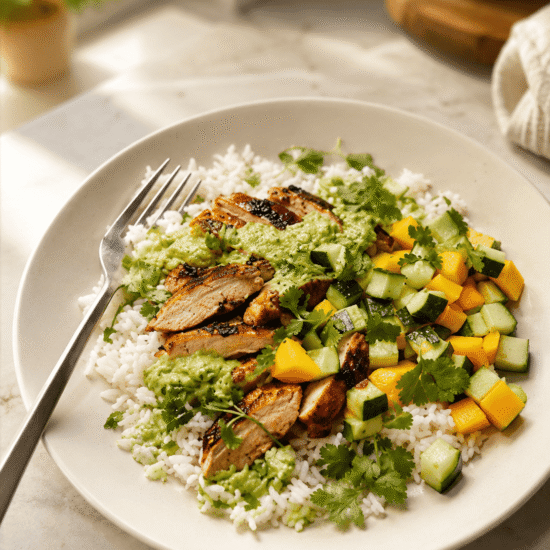 Citrus Chicken Rice Bowl with Ginger Jalapeño Sauce